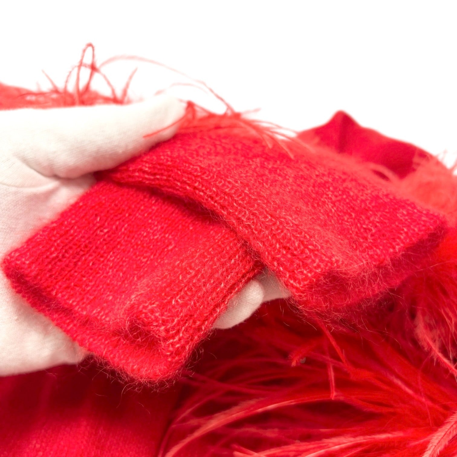 GUCCI Vintage Logo Feather Fur Trimmed Sweater Knit Top #M Red Mohair Silk Wool