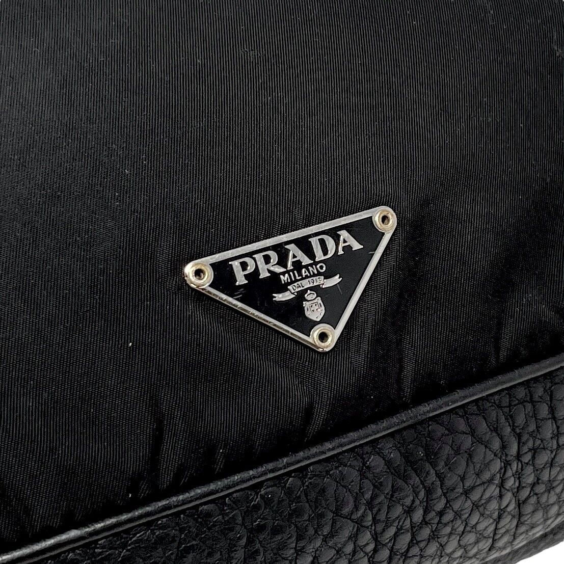 PRADA Vintage Logo Shoulder Bag Zip Padlock Black Silver Nylon Leather
