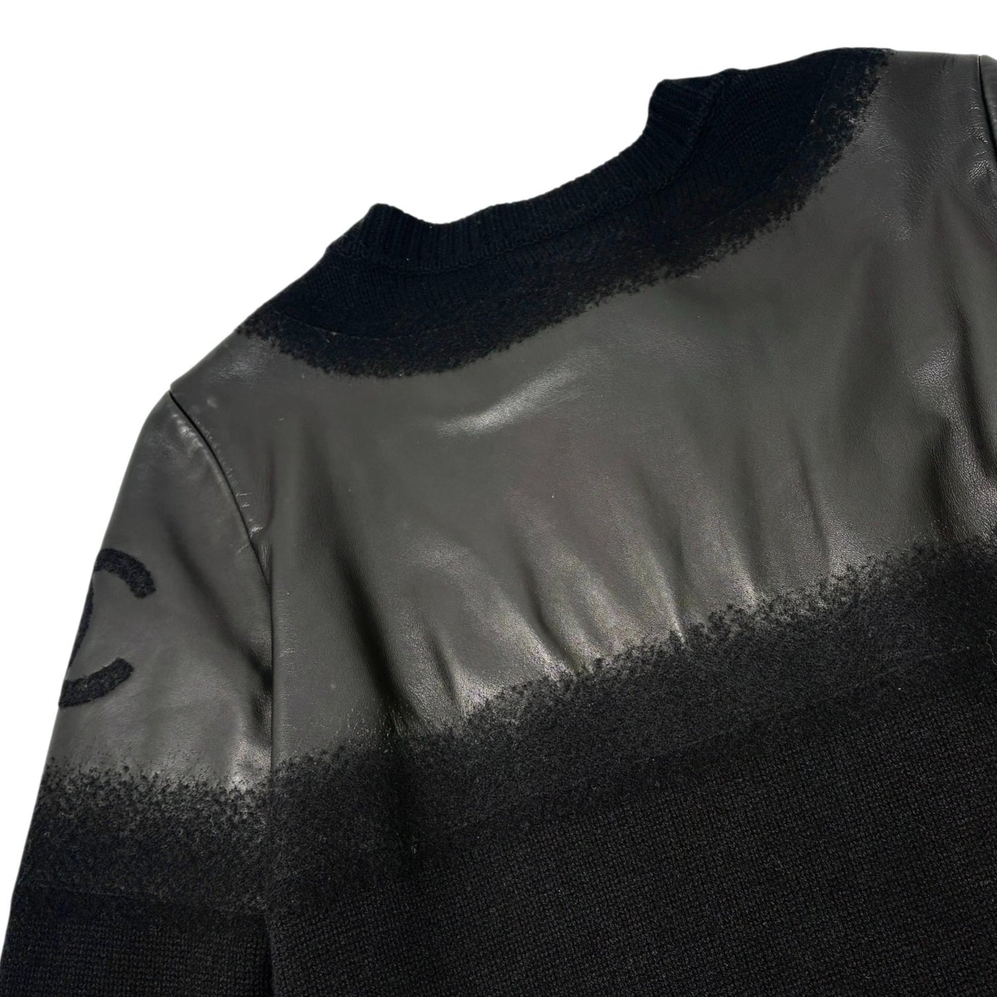 CHANEL Vintage P44562 CC Logo Lambskin Leather Knit Long Jacket #36 Wool Black