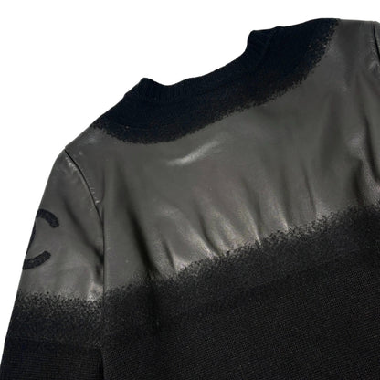 CHANEL Vintage P44562 CC Logo Lambskin Leather Knit Long Jacket #36 Wool Black