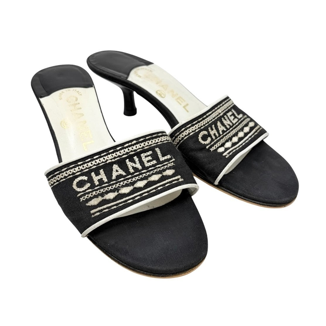 CHANEL Vintage CC Embroidery Logo Sandals Heels #36.5 Black White Canvas 902255