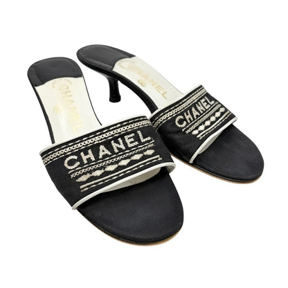 CHANEL Vintage CC Embroidery Logo Sandals Heels #36.5 Black White Canvas 902255