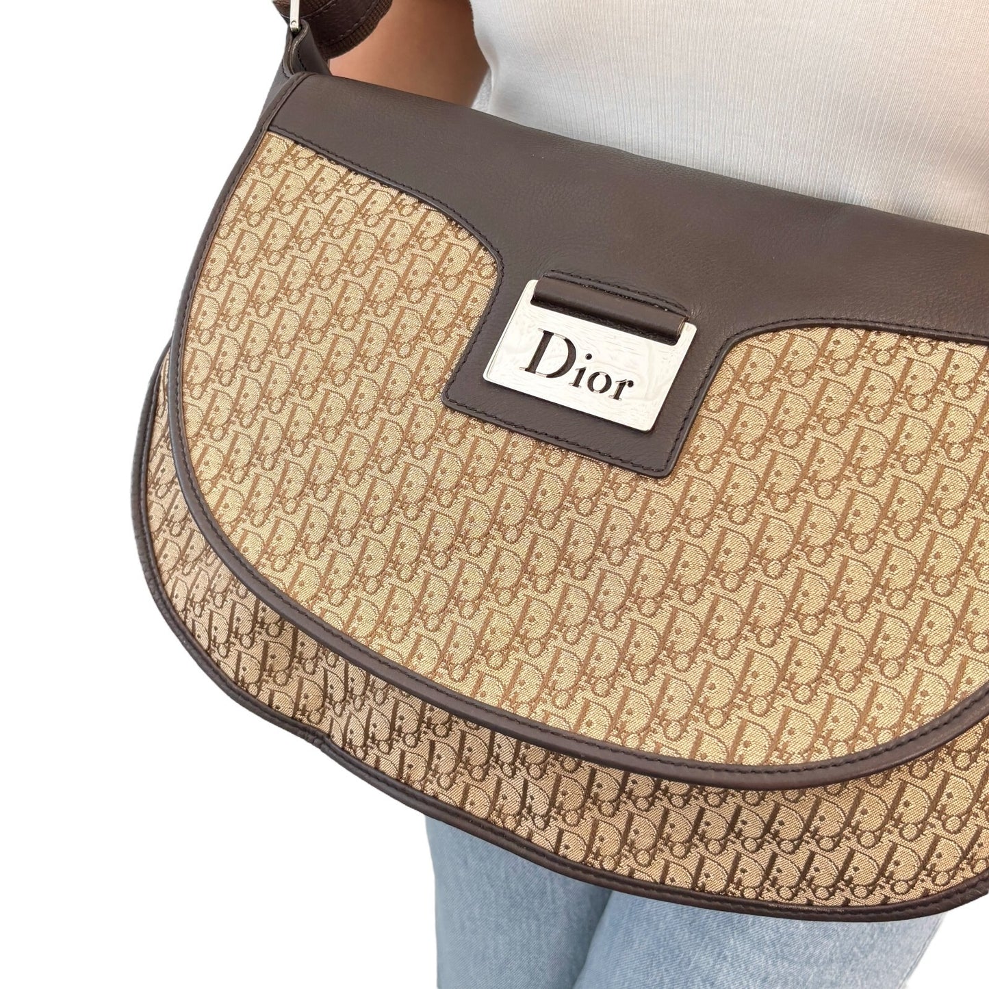 Christian Dior Vintage Trotter Monogram Crossbody Shoulder Bag Beige Canvas