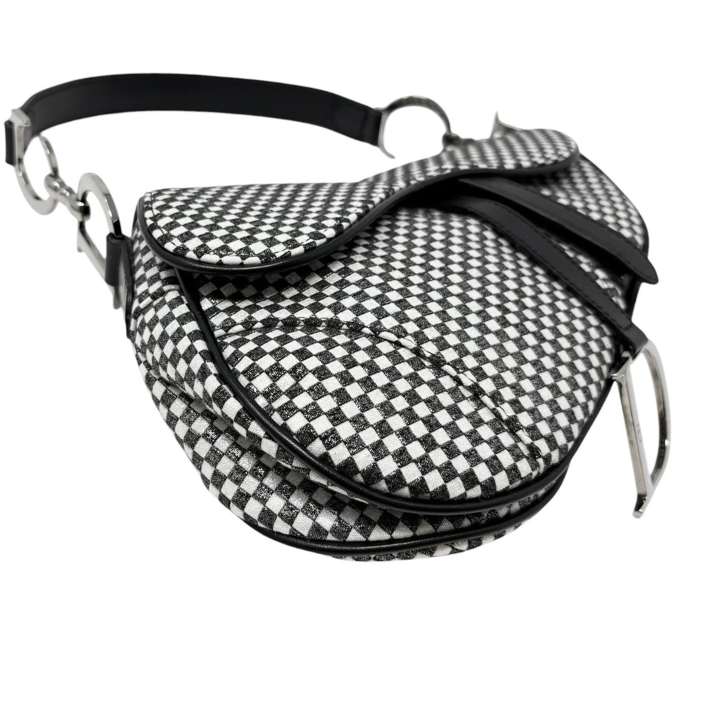 Christian Dior Vintage 2002 Checkered Glitter Saddle Bag Black Silver Cotton