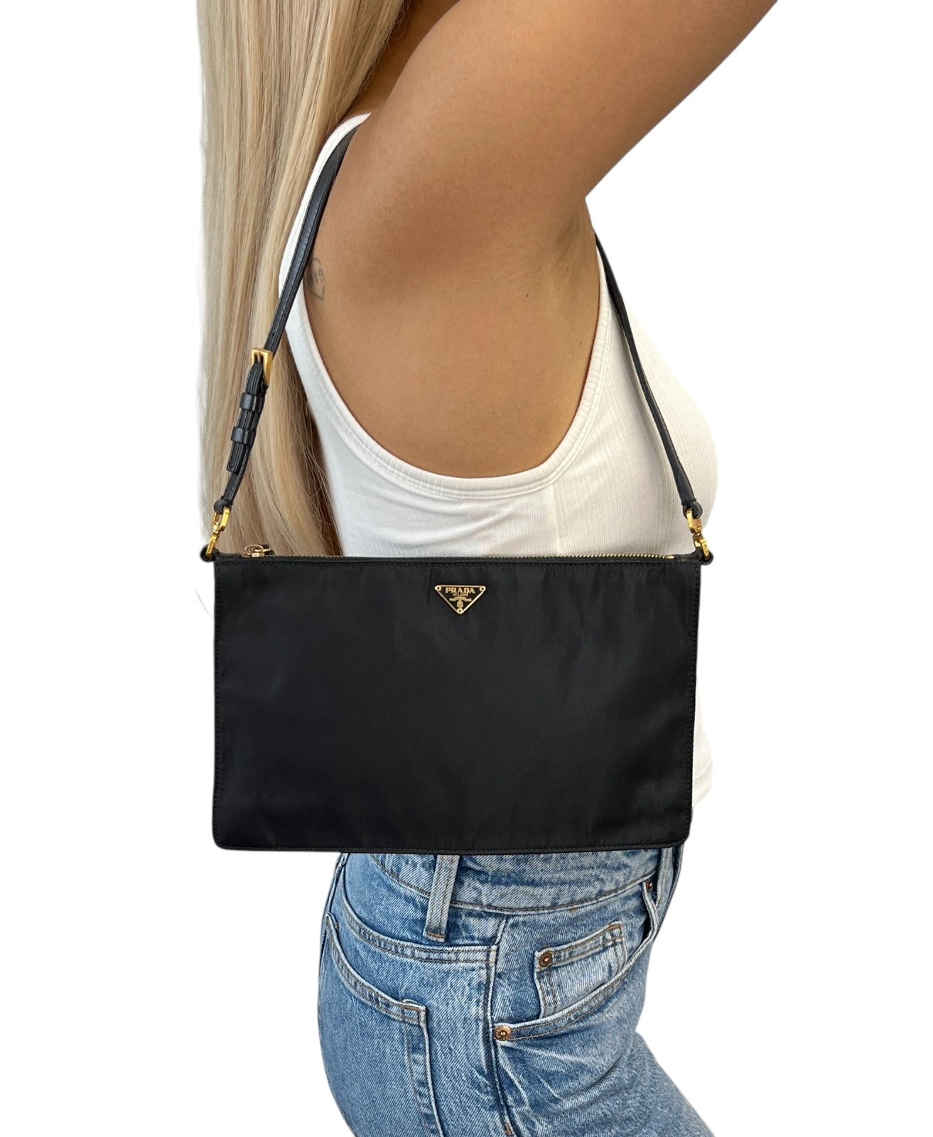 PRADA Vintage Triangle Logo Tessuto Nylon Mini Shoulder Bag Black Gold Leather