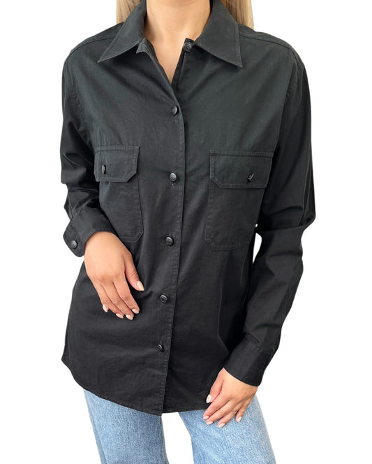 CHANEL Vintage P08155 CC Button Up Oversized Shirt Long Sleeve #36 Black Cotton