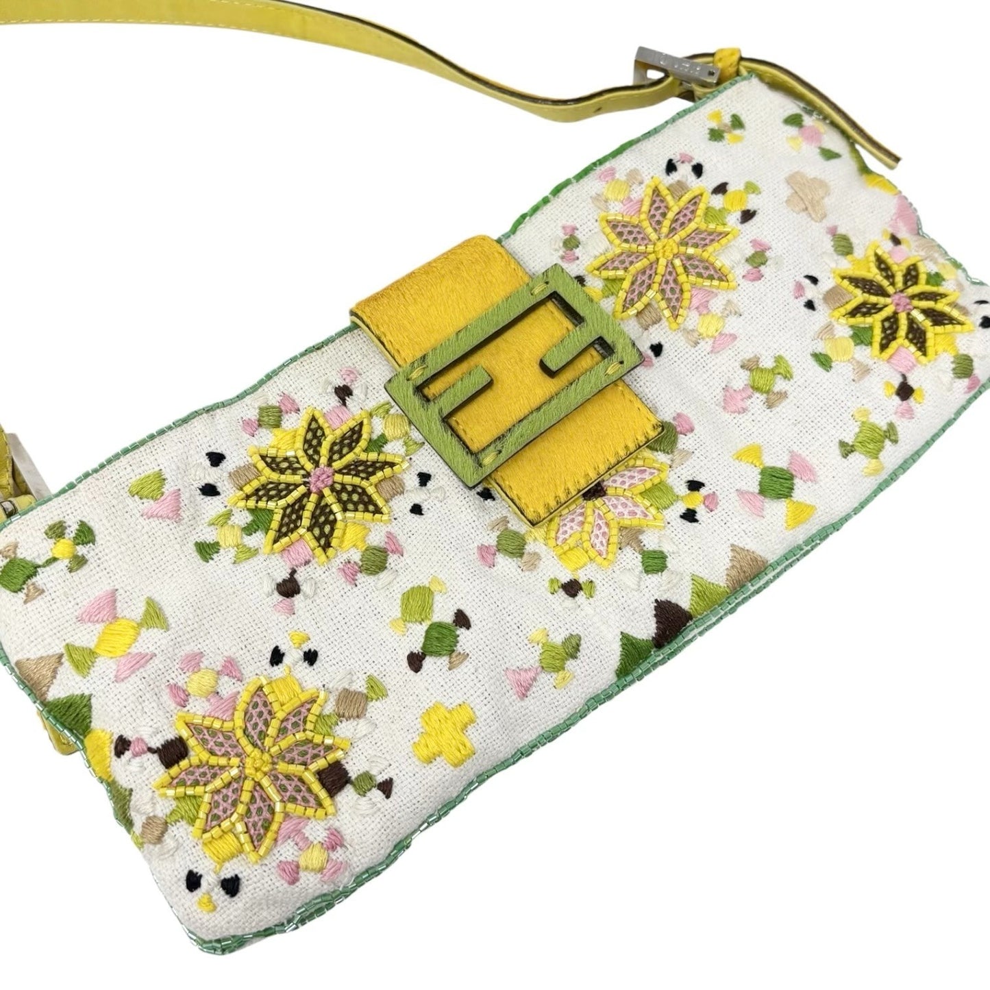 FENDI Vintage FF Beads Mamma Baguette Crossbody Bag Flower Embroidery Yellow
