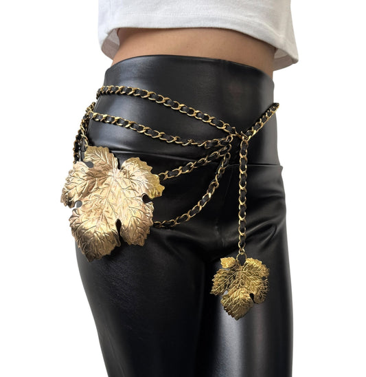 CHANEL Vintage 1991 CC Logo Big Leaf Leather Chain Belt Black Gold 902002