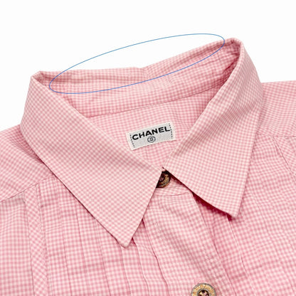 CHANEL Vintage CC Logo Gingham Check Button Up Shirt Top Pink  Cotton 901849