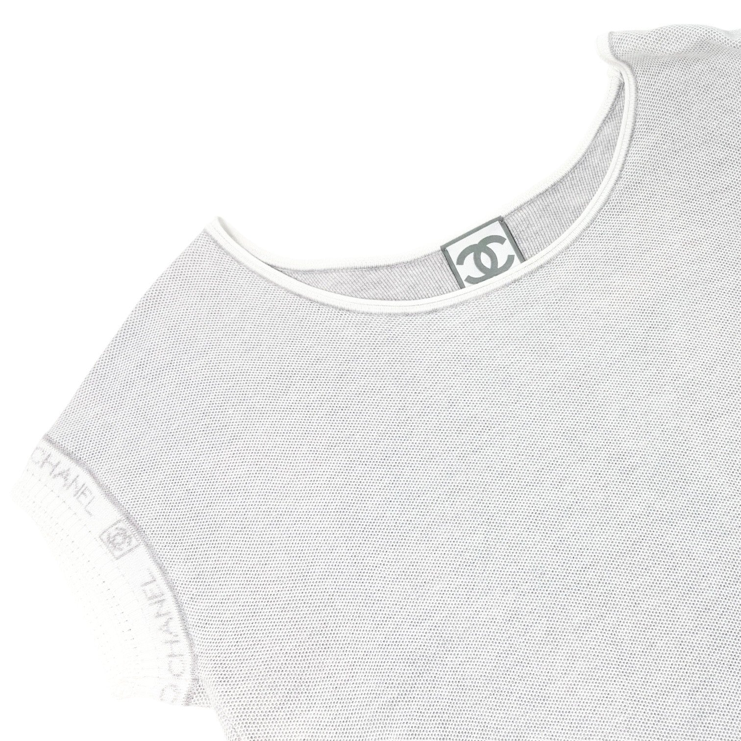 CHANEL Sport Vintage 08P CC Mark Logo Knit T-shirt Top #38 Gray White Cotton