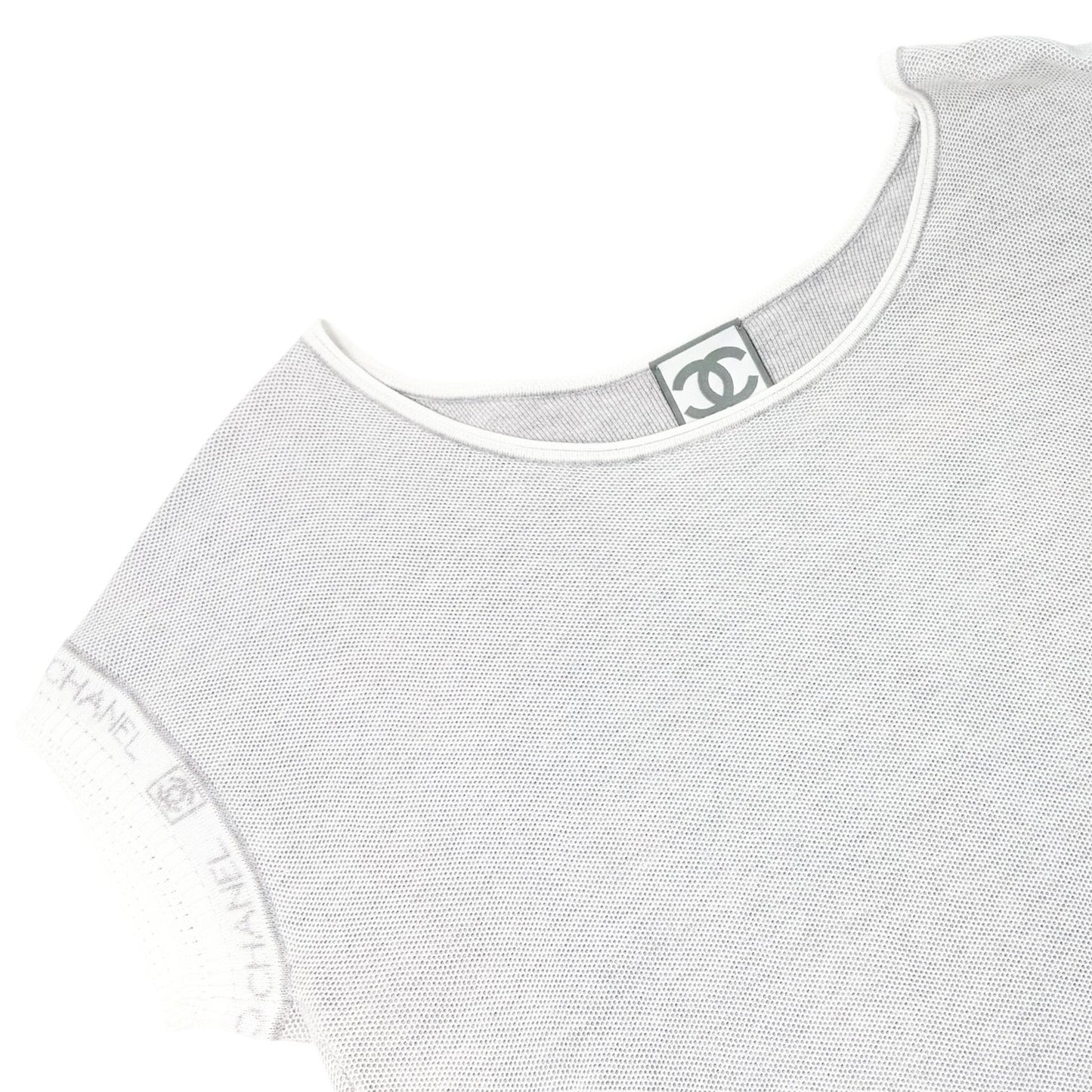 CHANEL Sport Vintage 08P CC Mark Logo Knit T-shirt Top #38 Gray White Cotton
