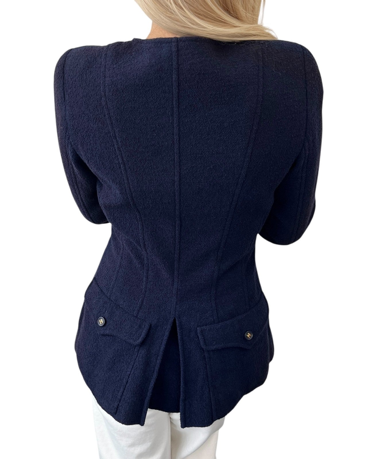 CHANEL Vintage 95A CC Logo Gold Button Collarless Jacket #36 Dark Blue Wool