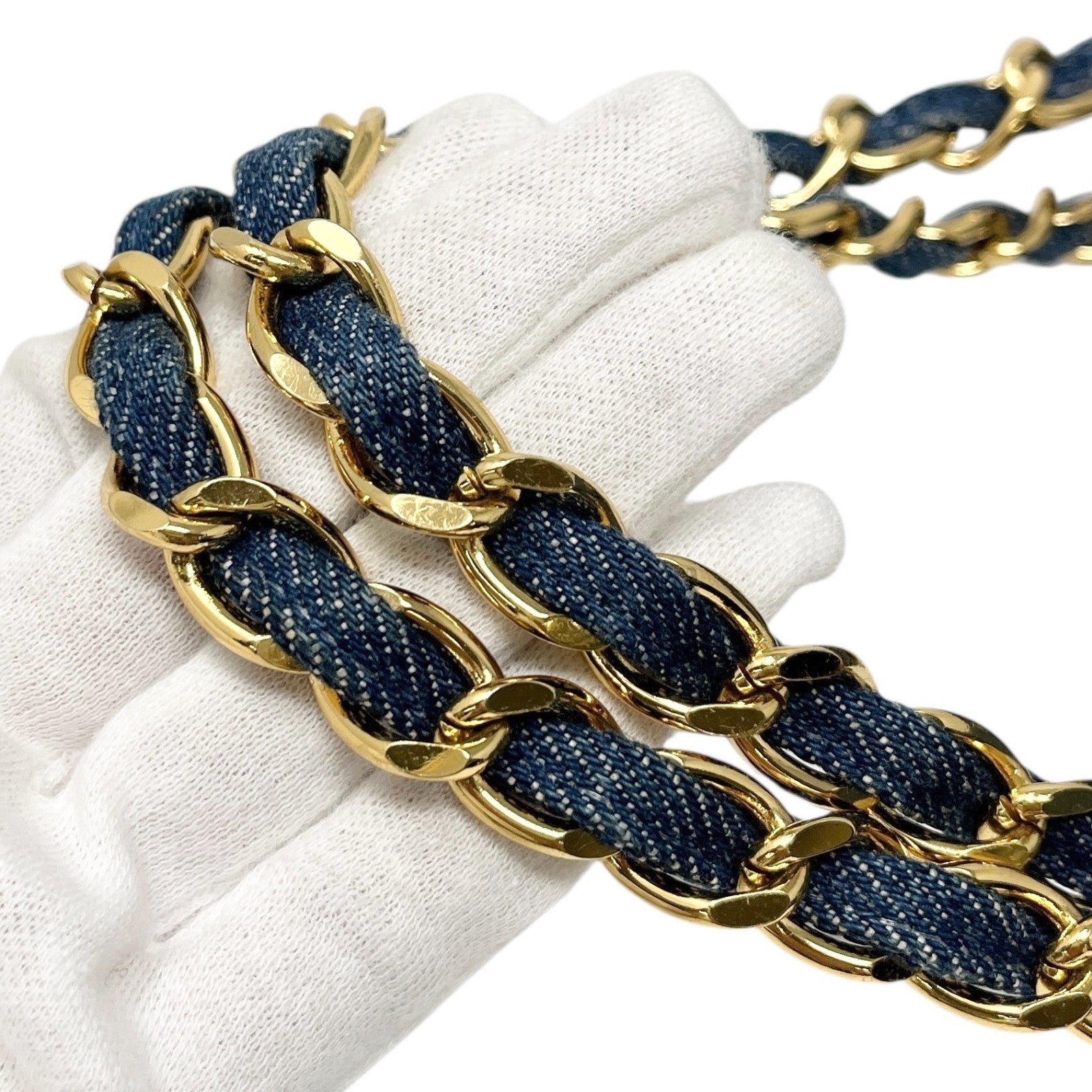 CHANEL Vintage CC Mark Logo Matelasse Denim Shoulder Bag Chain Blue Gold Cotton