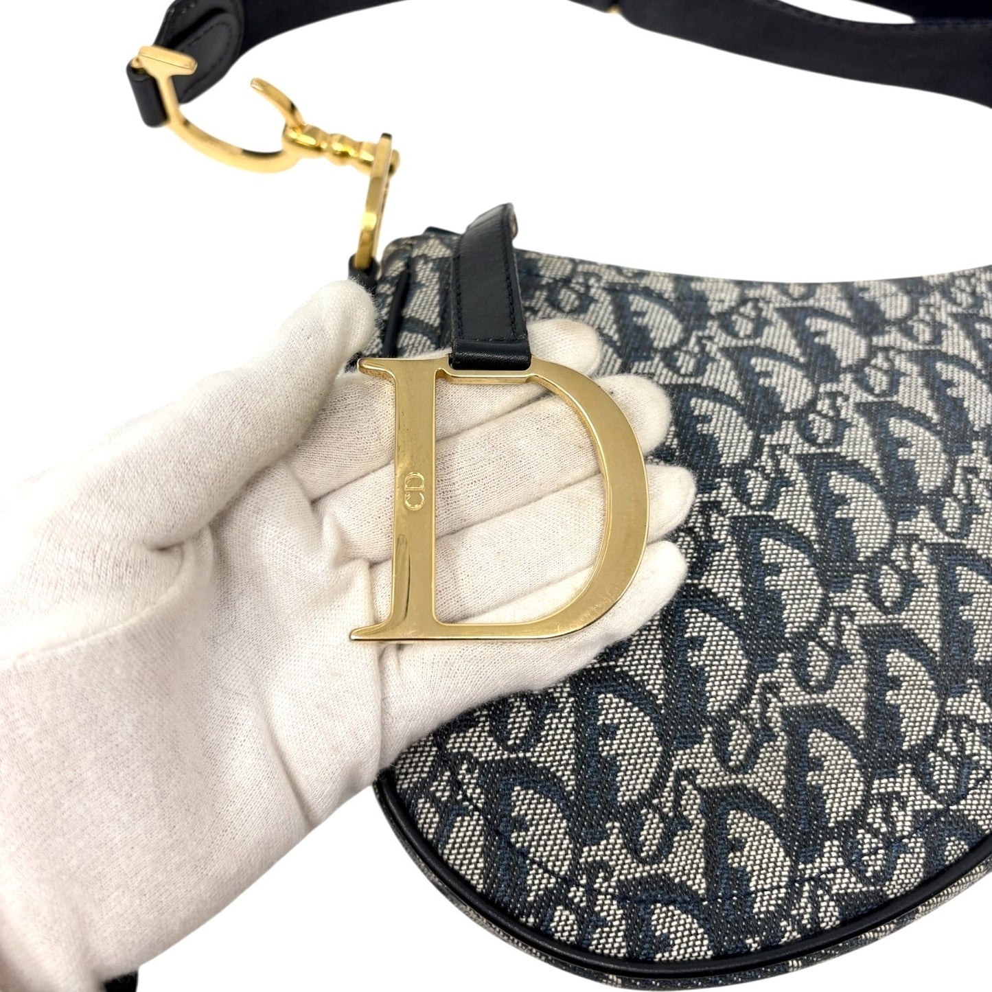 Christian Dior Vintage 2004 Trotter Monogram Saddle Bag Dark Blue Gold Canvas