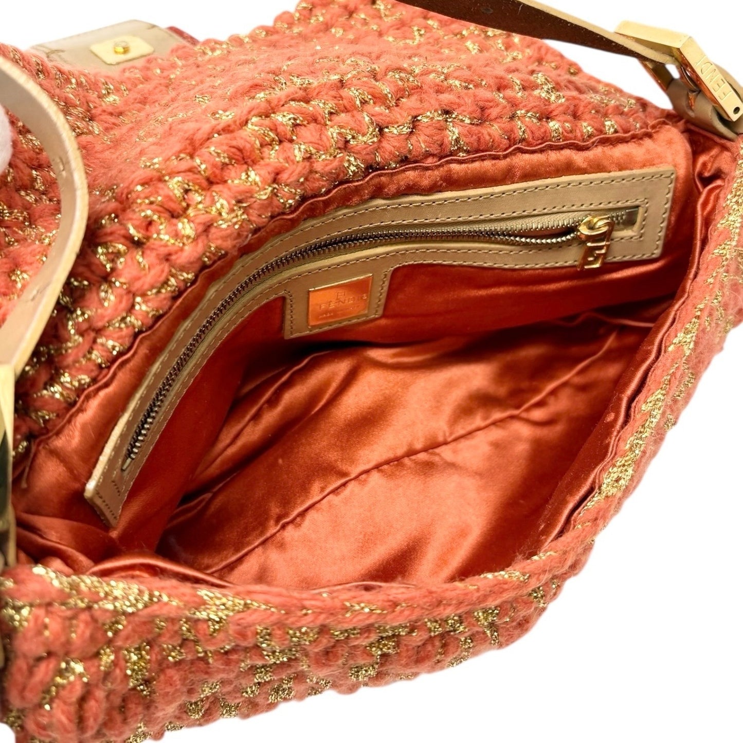 FENDI Vintage FF Mamma Baguette Wool Knit Shoulder Bag Glitter Orange Beige