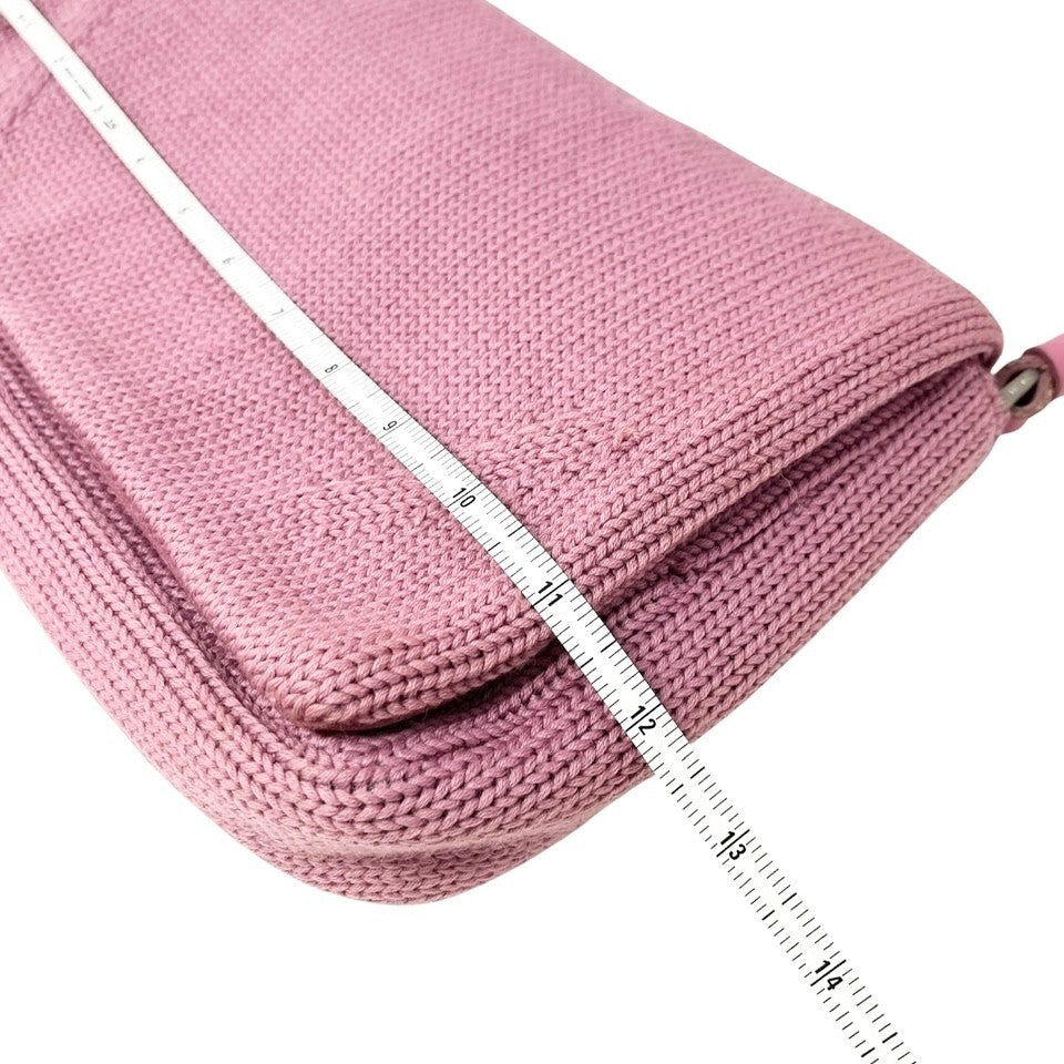 PRADA Vintage Logo Knit Shoulder Bag Pink Silver Cotton Nylon Zip
