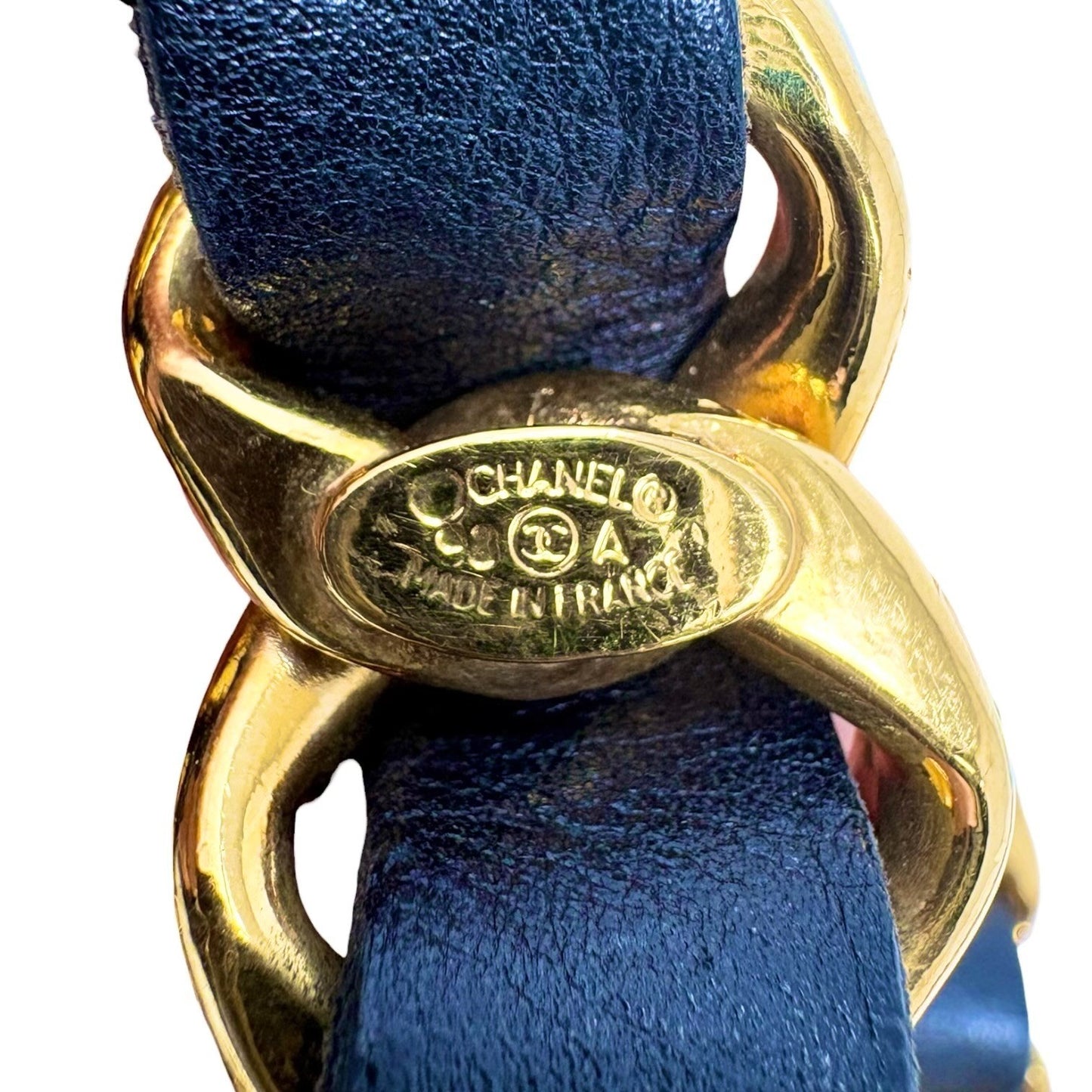 CHANEL Vintage 93A Jumbo CC Logo Metal Gold Chain Belt Leather Accessory Iconic