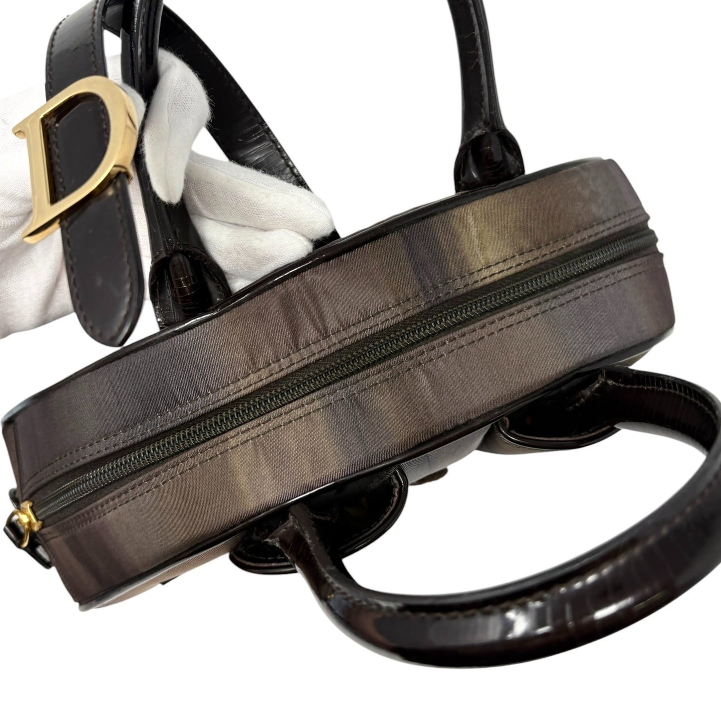 Christian Dior Vintage Double Saddle Bag Geometric Brown Nylon Patent 902265