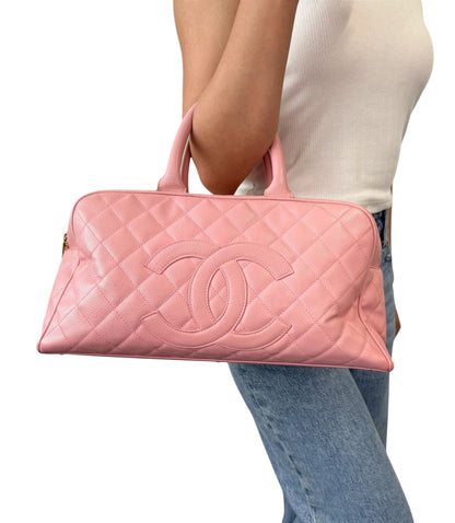 CHANEL Vintage Bic CC Logo Timeless Quilted Leather Boston Bag Pink 902272