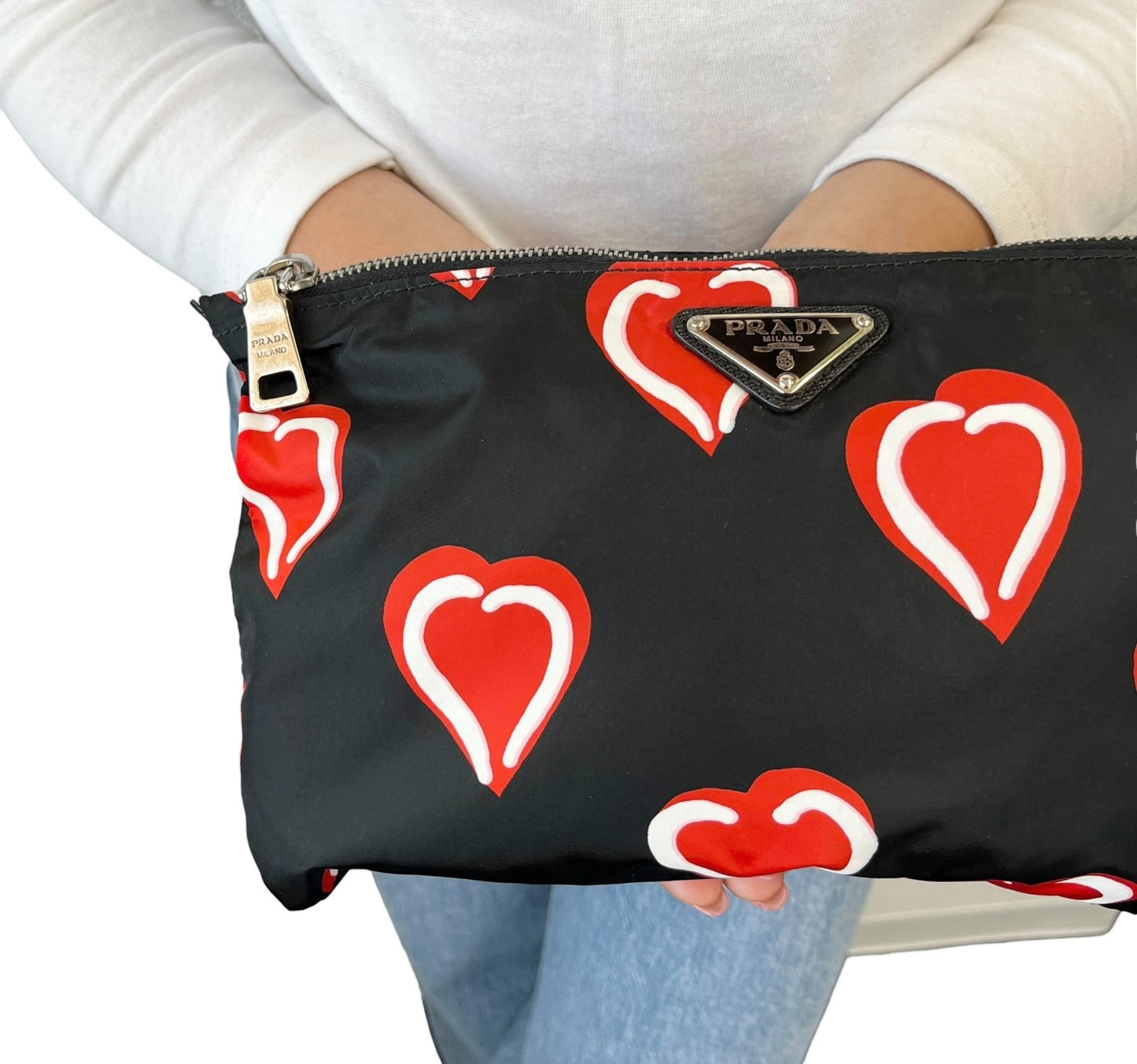 PRADA Vintage Logo Heart Pattern Print Tote Bag Handbag Pouch Black Red Nylon