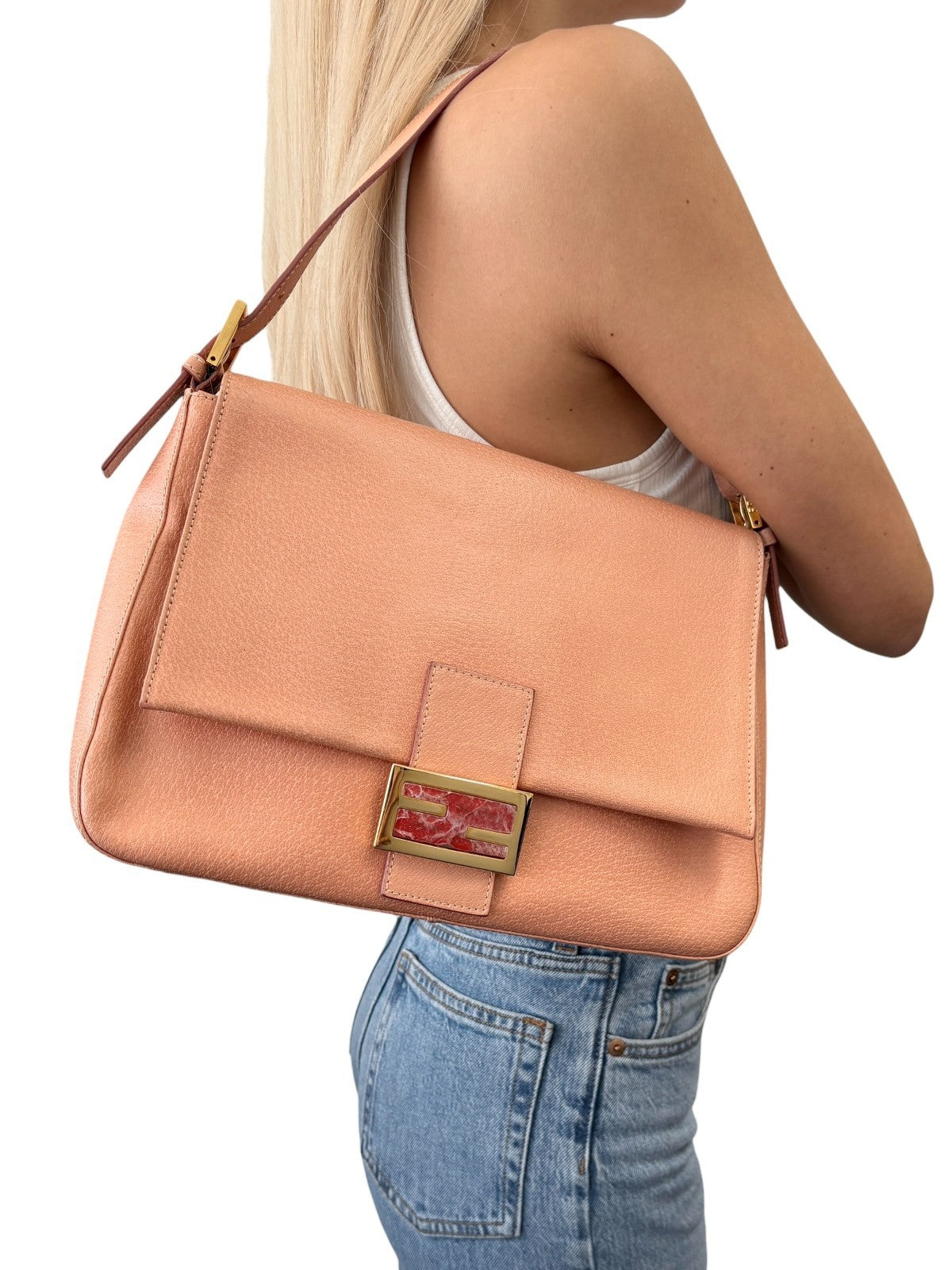 FENDI Vintage FF Logo Mamma Baguette Shoulder Bag Handbag Salmon Pink Leather