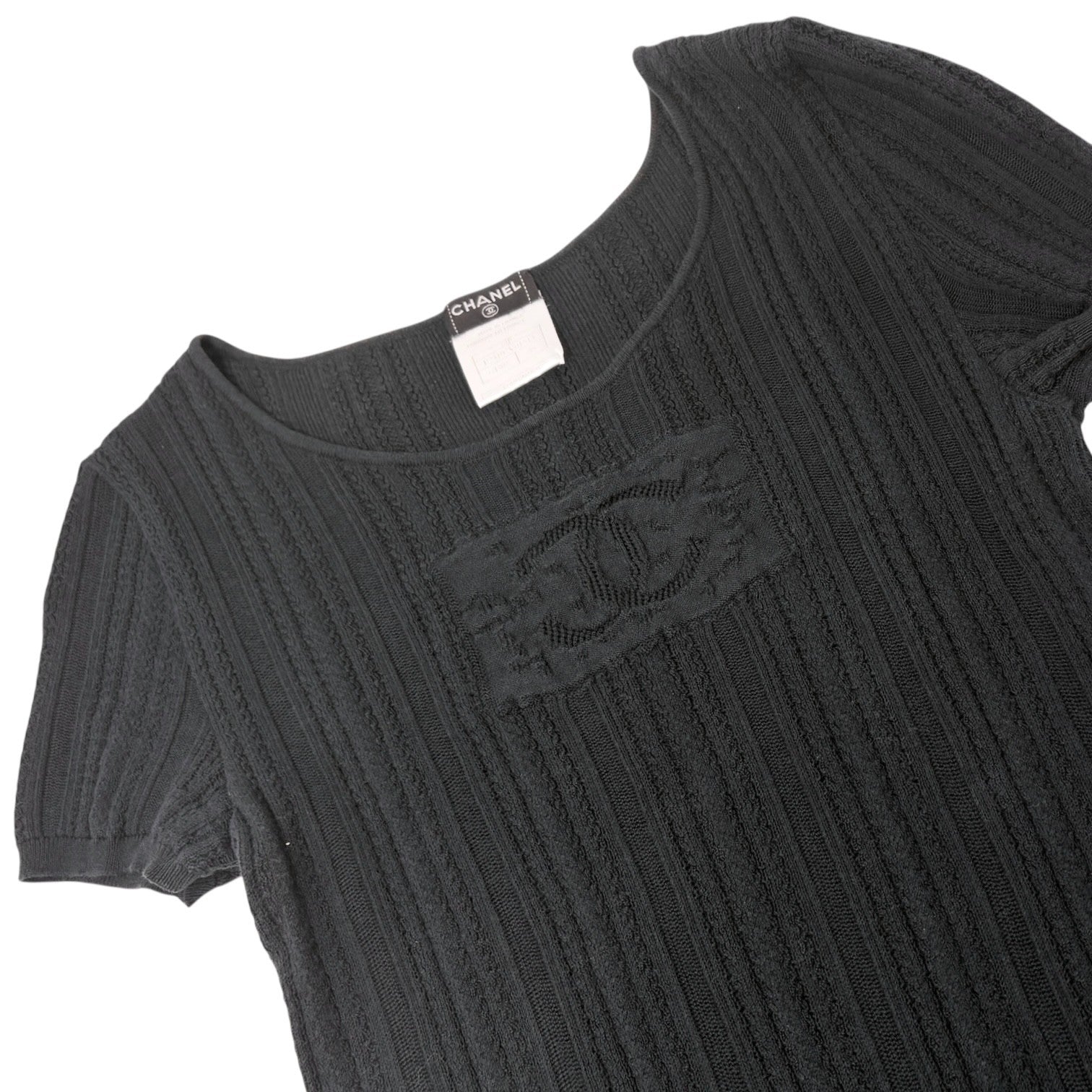 CHANEL Vintage 04P CC Mark Logo Mesh Knit T-shirt Top #38 Black Cotton