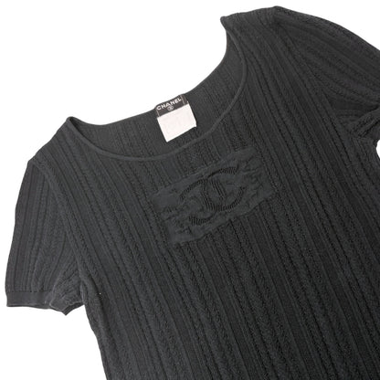 CHANEL Vintage 04P CC Mark Logo Mesh Knit T-shirt Top #38 Black Cotton