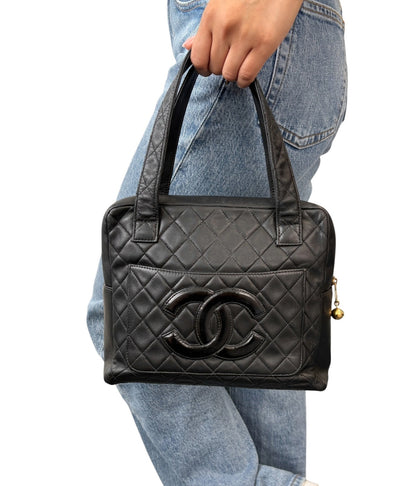 CHANEL Vintage Bic CC Logo Quilted Leather Hand Tote Bag Black Gold 902274