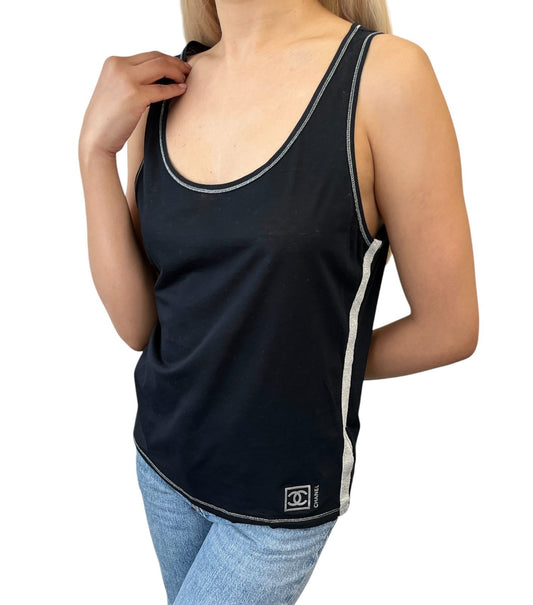 CHANEL Sport Vintage 06P CC Logo Side Stripe Tank Top #40 Black Silver 901948