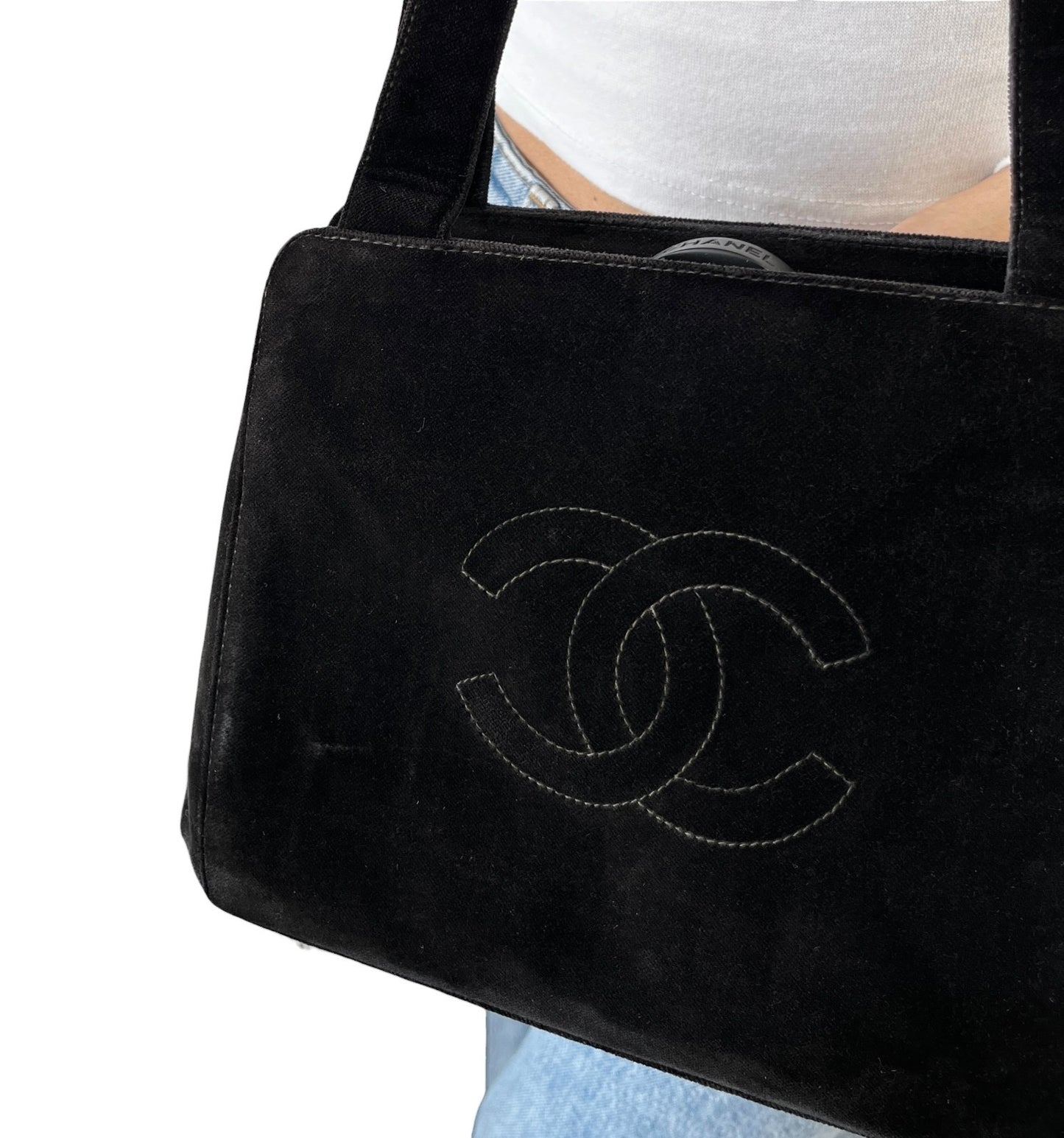 CHANEL Vintage CC Logo Stitch Trapezoid Tote Bag Handbag Black Velour 902222