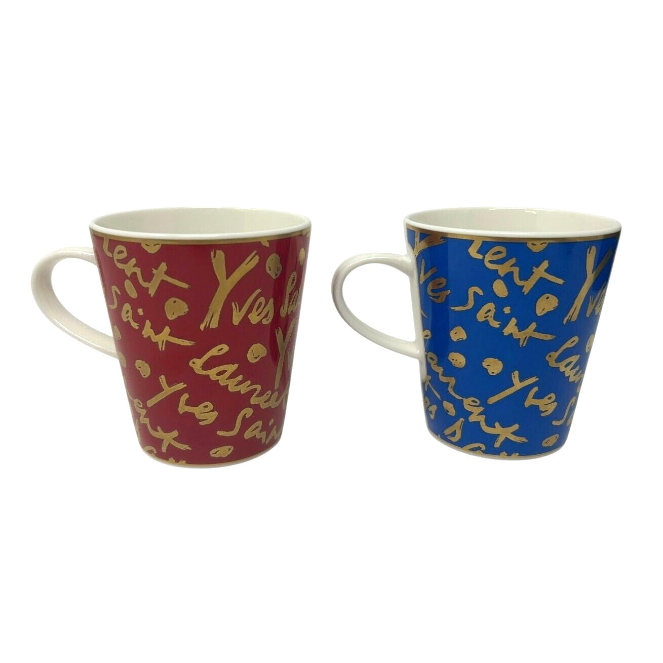 Yves Saint Laurent Vintage Logo Mug Coffee Cup 2piece Set Red Blue