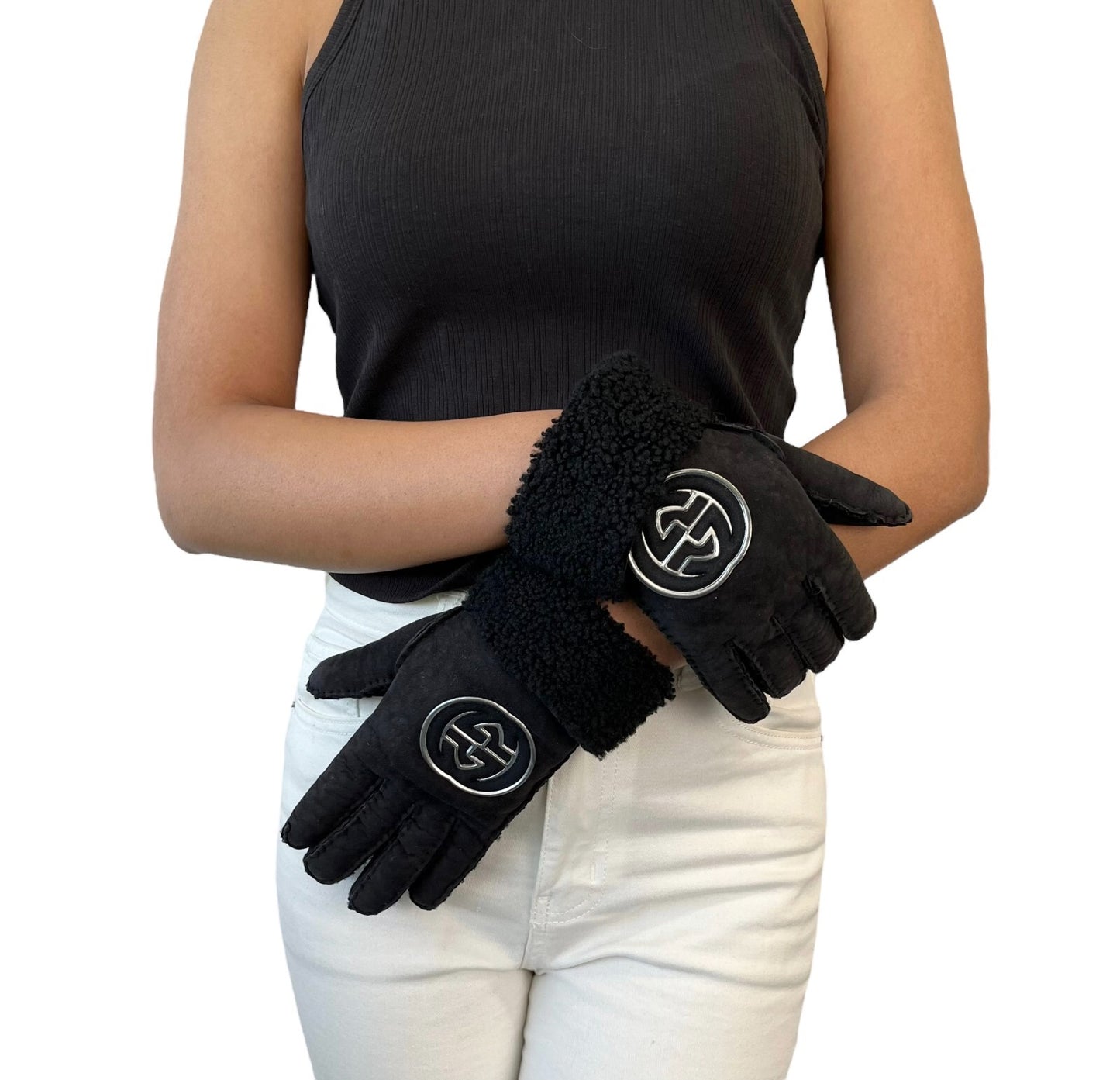 GUCCI Vintage GG Interlocking Logo Gloves #7.5 Black Silver Leather RankAB