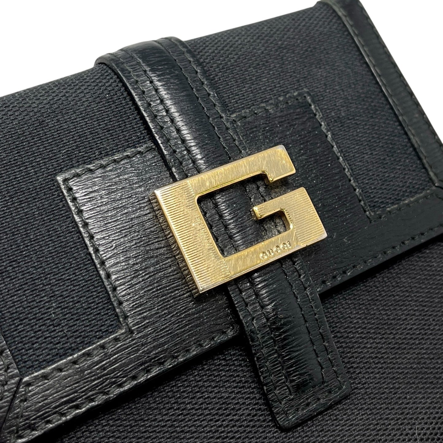 GUCCI Vintage G Square Logo Compact Wallet Button Black Gold Cotton