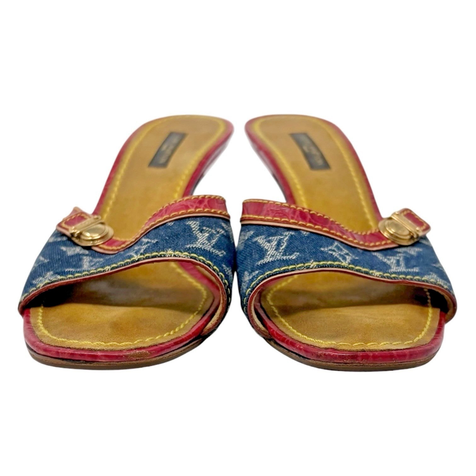 LOUIS VUITTON Vintage Monogram Denim Heels Sandals #36.5 Blue Brown Leather