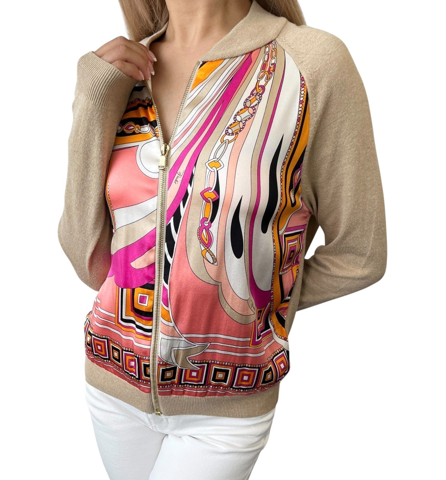 EMILIO PUCCI Vintage Logo Zipped Jacket #XS Beige Pink Light Brown Silk Wool