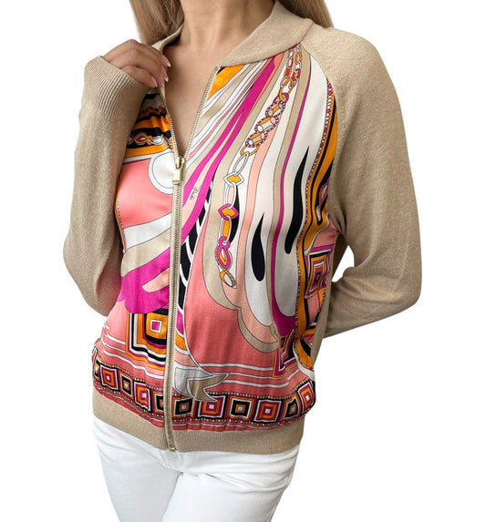 EMILIO PUCCI Vintage Logo Zipped Jacket #XS Beige Pink Light Brown Silk Wool