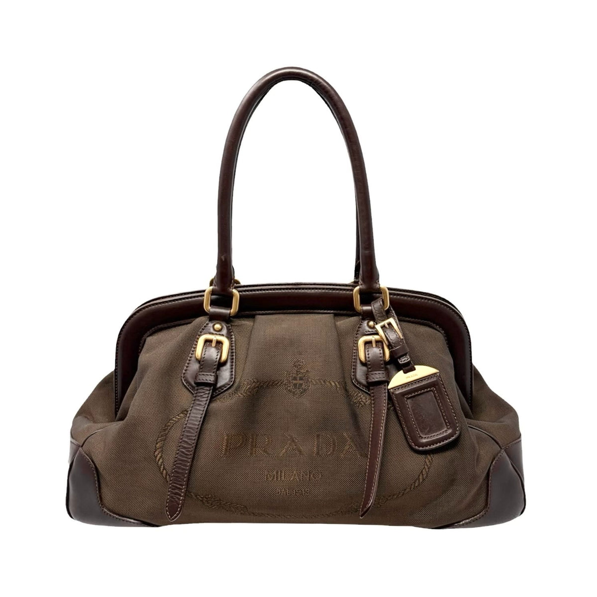 PRADA Vintage Milano Jacquard Shoulder Boston Bag Brown Gold 902455