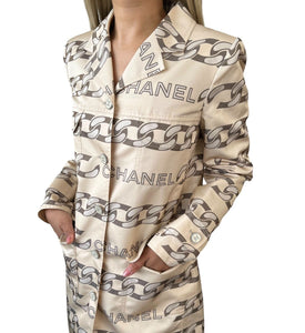 CHANEL Vintage 01A CC Chain Logo Middle Coat #36 Cream Gray Polyester Rank AB