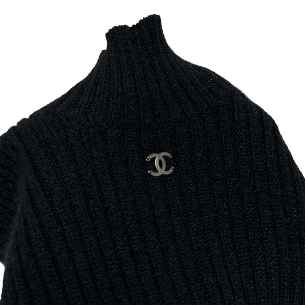 CHANEL Vintage 98A CC Logo High Neck Knit Dress Black Cashmere Rank AB