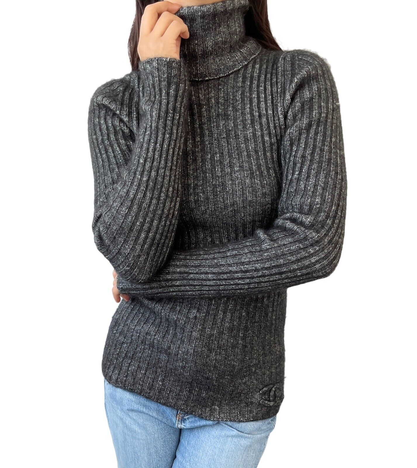 CHANEL Vintage P44578 CC Mark Turtleneck Sweater Top #36 Gray Cashmere RankAB+