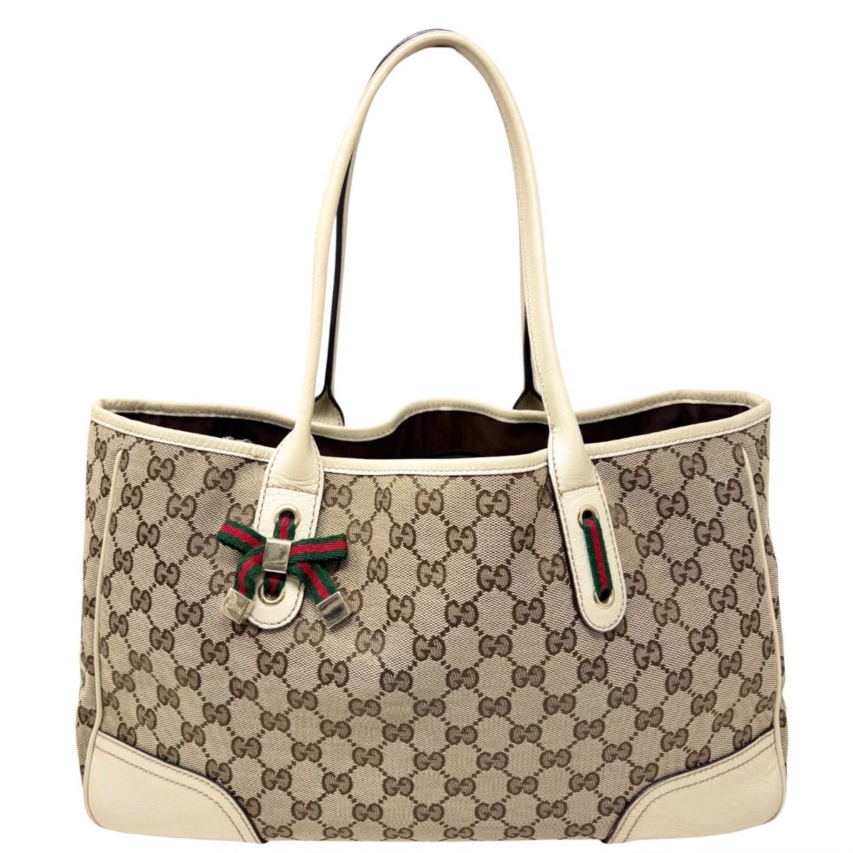 GUCCI Vintage GG Monogram Web Stripe Ribbon Tote Shoulder Bag Beige 902324