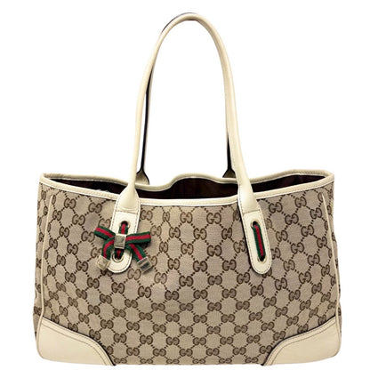 GUCCI Vintage GG Monogram Web Stripe Ribbon Tote Shoulder Bag Beige 902324