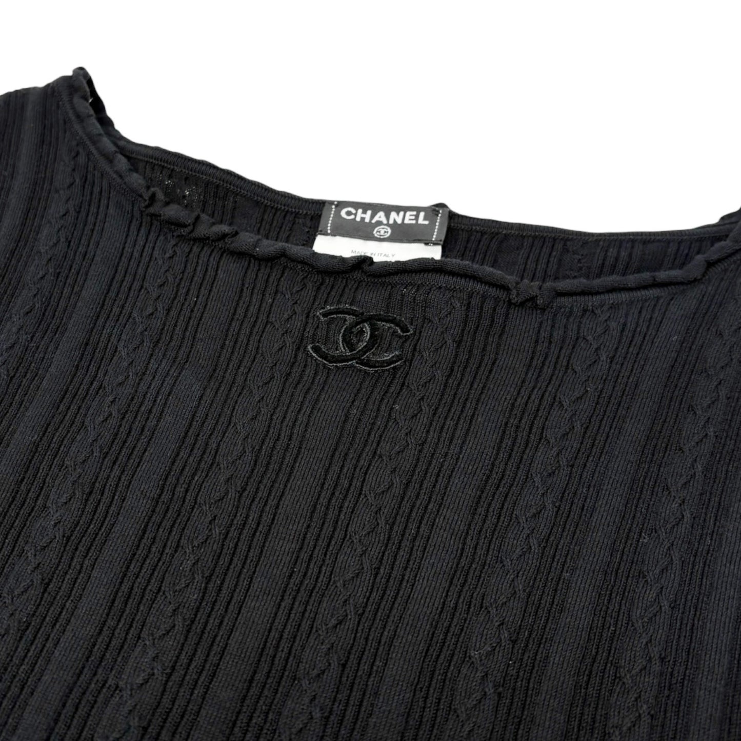 CHANEL P47979 CC Logo Rib Knit Tank Top #38 Black Sleeveless Cotton 901965