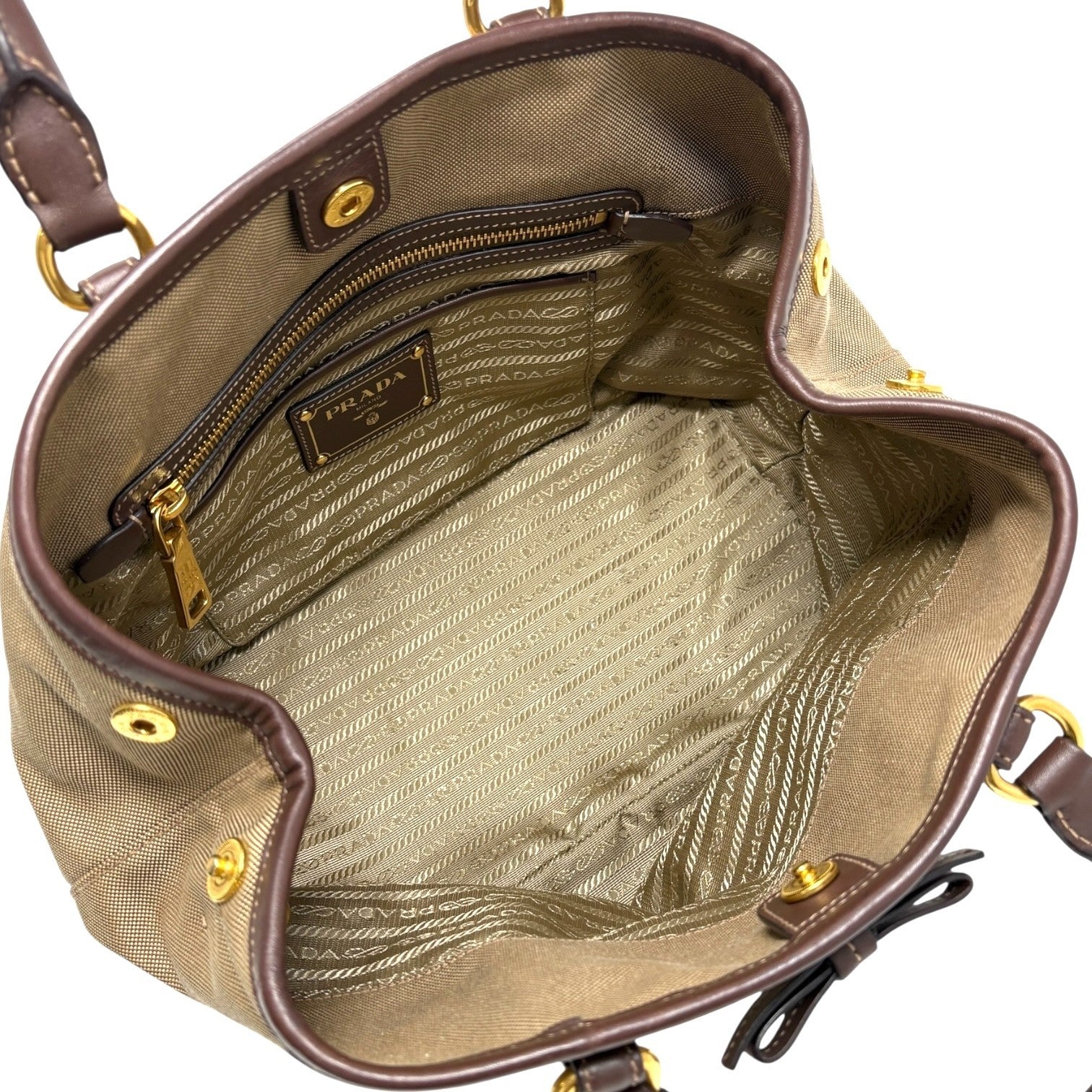 PRADA Vintage Triangle Logo Jacquard Canvas Tote Bag Handbag Khaki Dark Brown