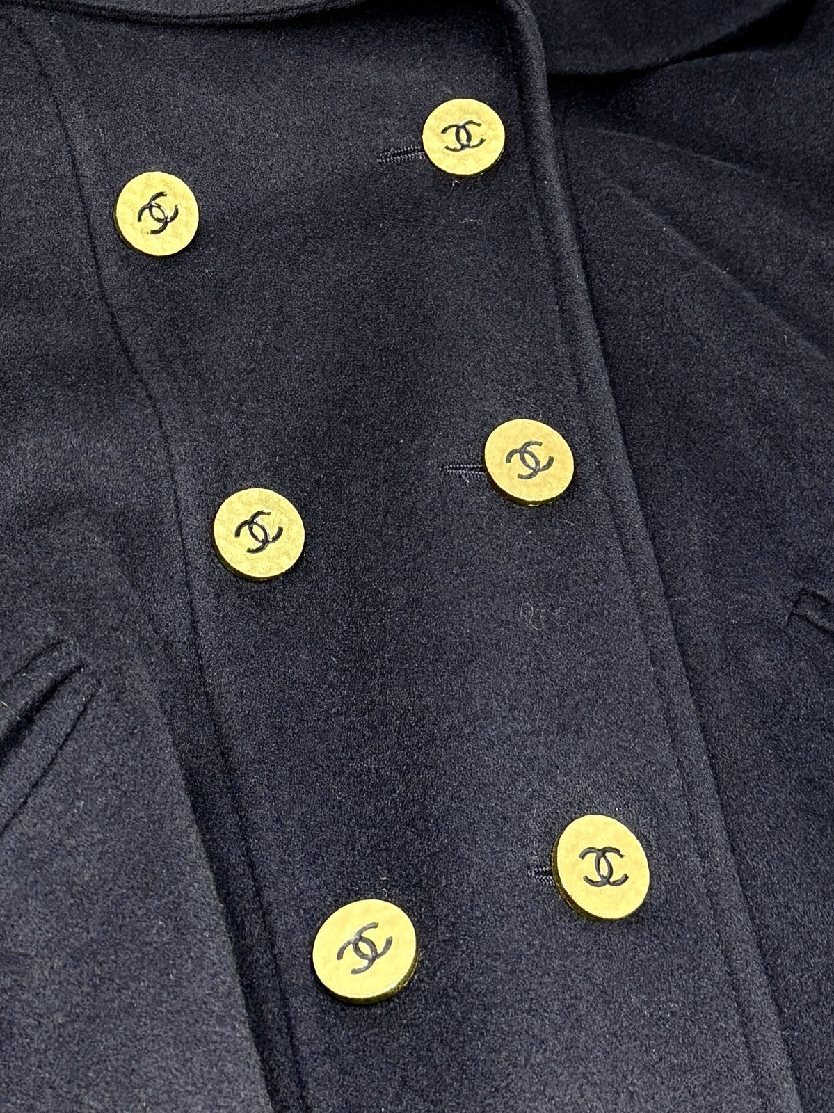 CHANEL Vintage 95A CC Mark Logo Long Coat Jacket #38 Cashmere Dark Blue Gold