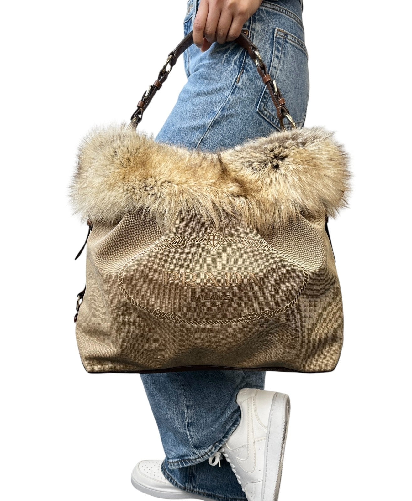 PRADA Vintage Logo Jacquard Fur Trim Canvas Shoulder Tote Bag Beige Brown