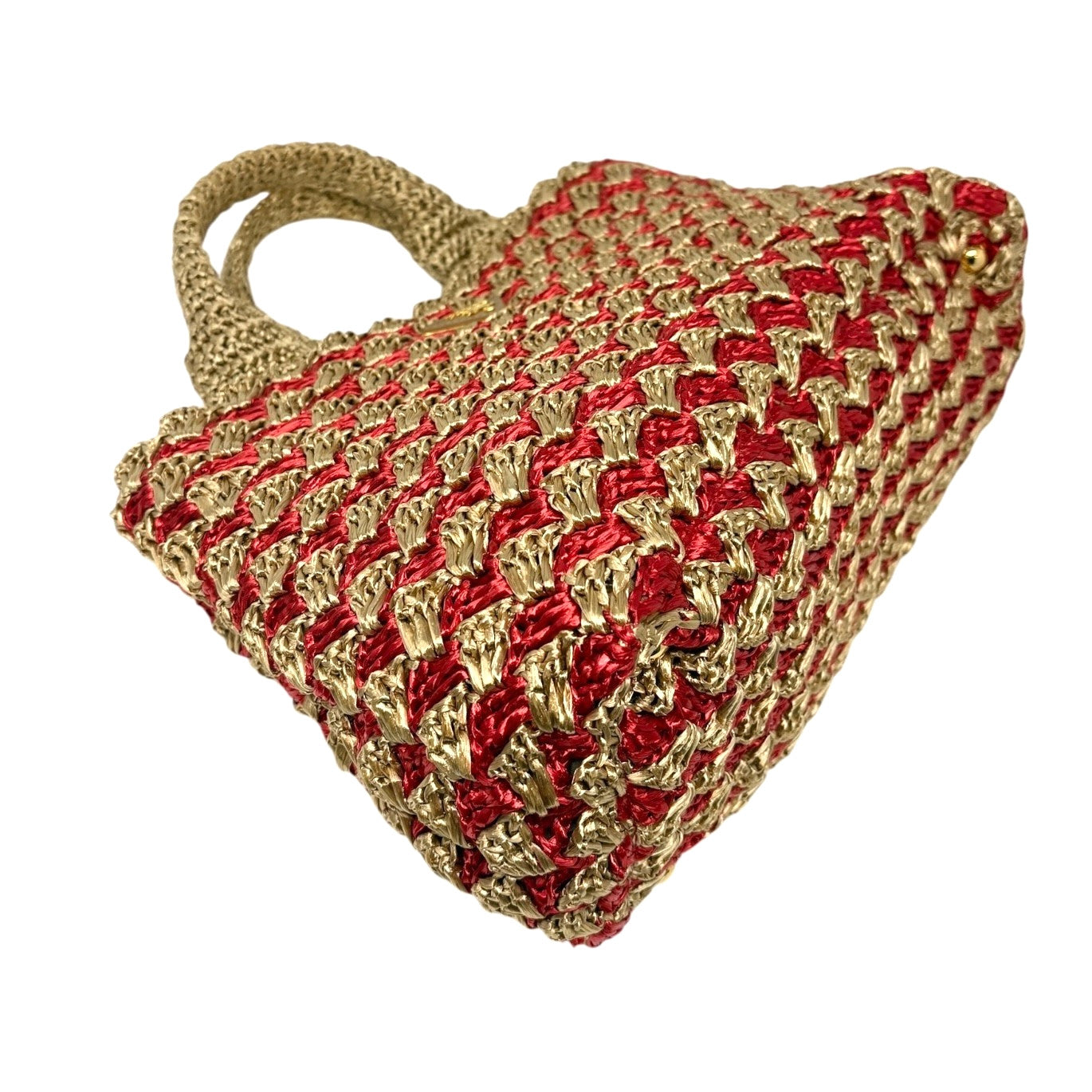 PRADA Vintage Triangle Logo Raffia Canapa Tote Bag Red Beige Gold Crochet
