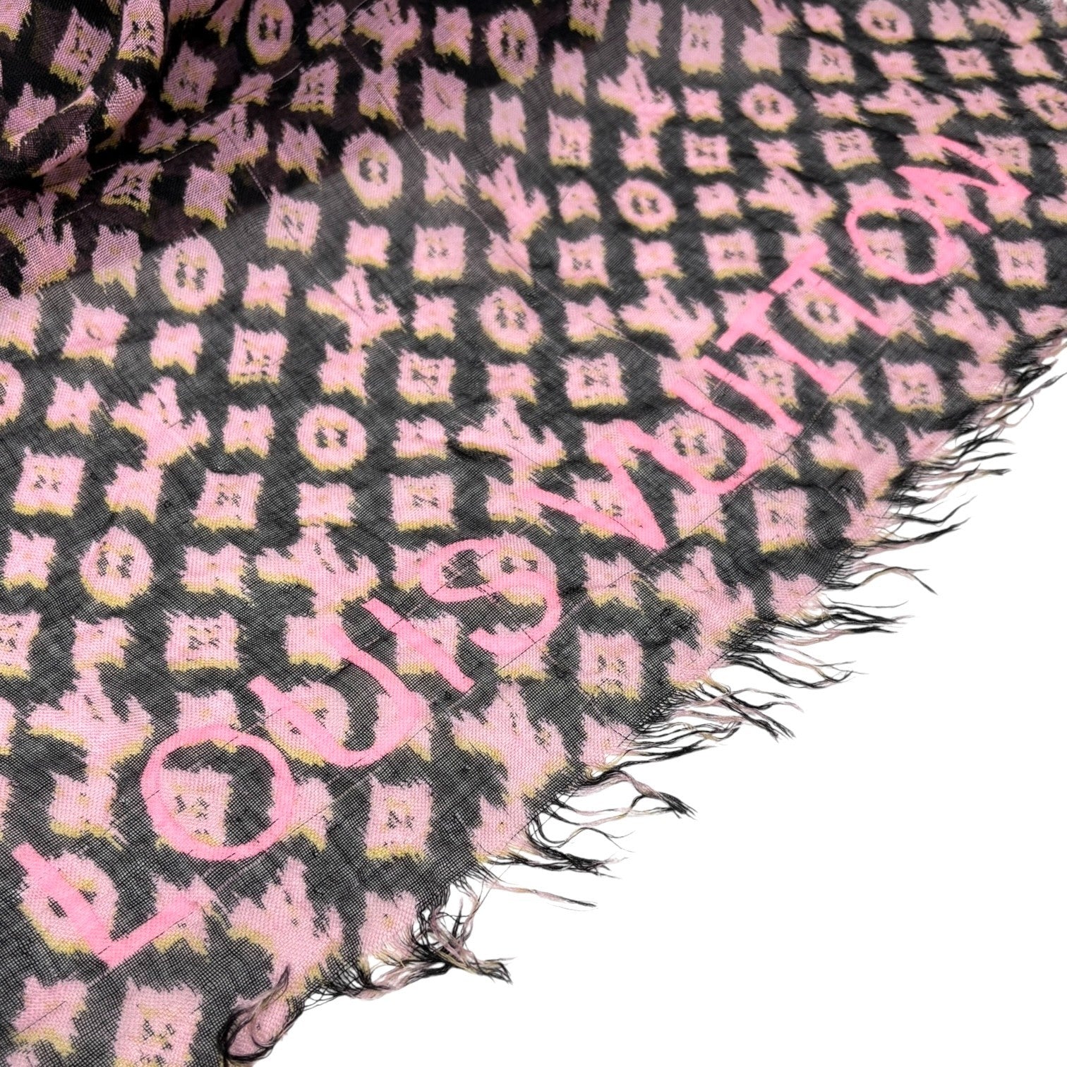 LOUIS VUITTON Vintage Monogram Logo Graffiti Scarf Shawl Pink Black Yellow Silk