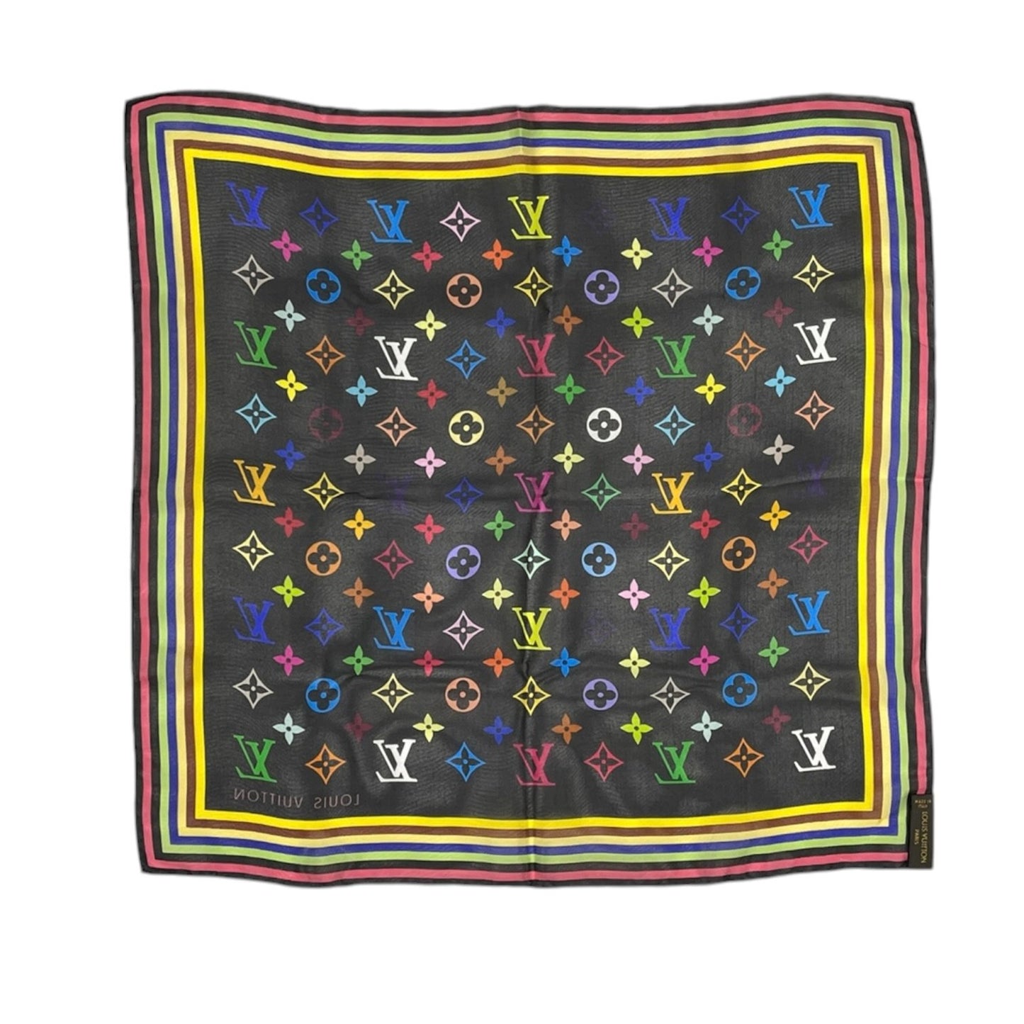 LOUIS VUITTON Vintage LV Logo Monogram Multicolor Scarf Wrap Black Silk 902226