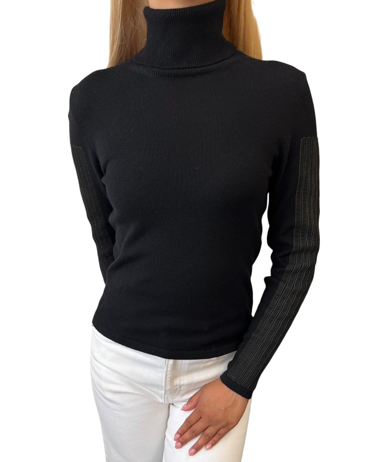 CHANEL Vintage P42169 CC Logo Turtleneck Knit Sweater Top #34 Stripe Black Wool